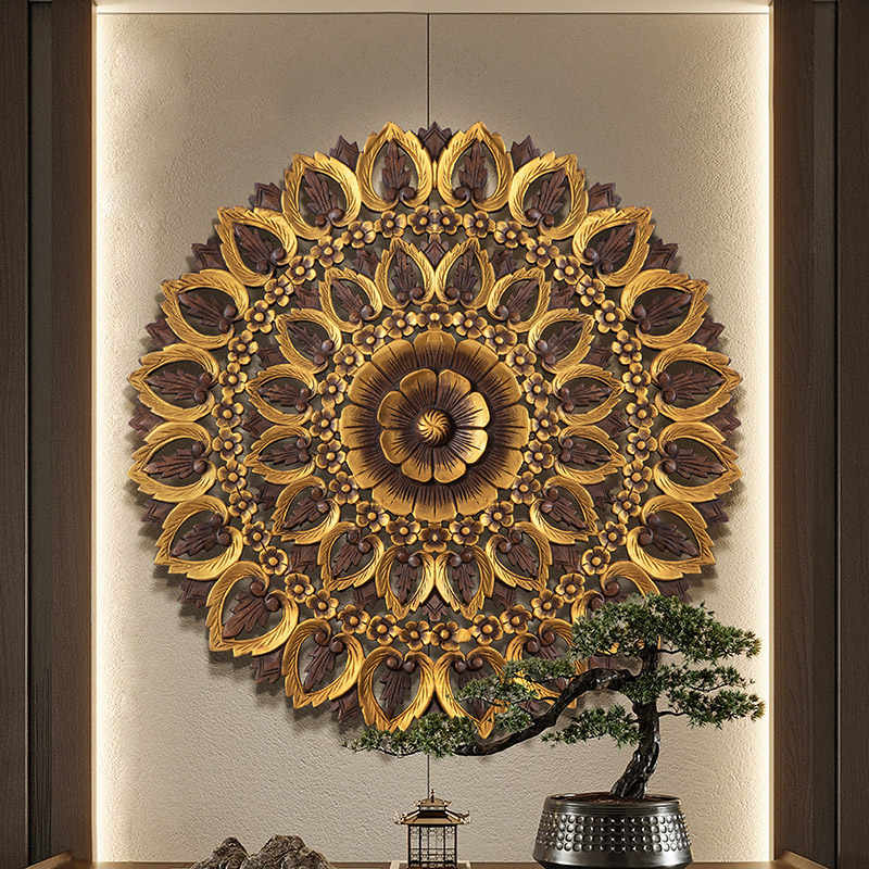 Thai Hand-Carved Teak Wood Mandala Wall Art, Large Southeast Asian Lotus Flower Wall Sculpture for Hotel & Restaurant Decor