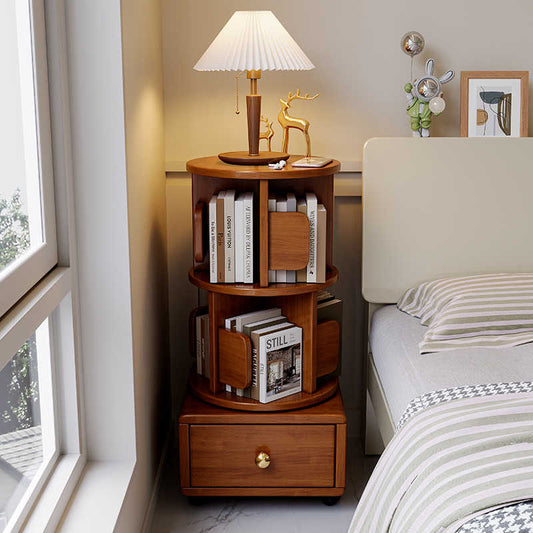 360-Degree Rotating Solid Wood Bookshelf, Mobile Multi-Tier Book Storage Tower with Drawer, Student Bedroom Nightstand Organizer