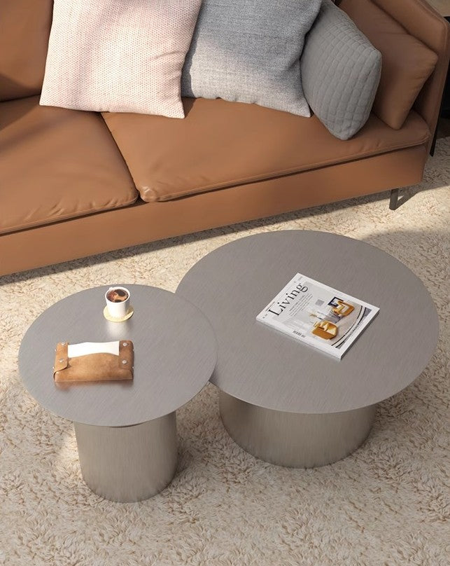 Designer Brushed Stainless Steel Coffee Table Set, Modern Luxury Metal Round Sofa Side Table, Minimalist Living Room Combination (Small & Large)