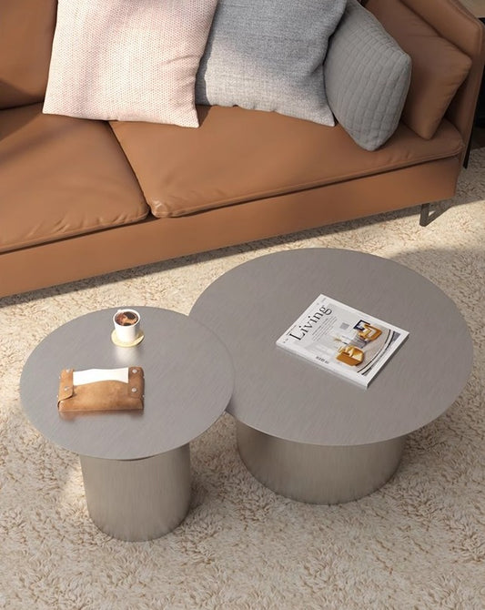 Designer Brushed Stainless Steel Coffee Table Set, Modern Luxury Metal Round Sofa Side Table, Minimalist Living Room Combination (Small & Large)