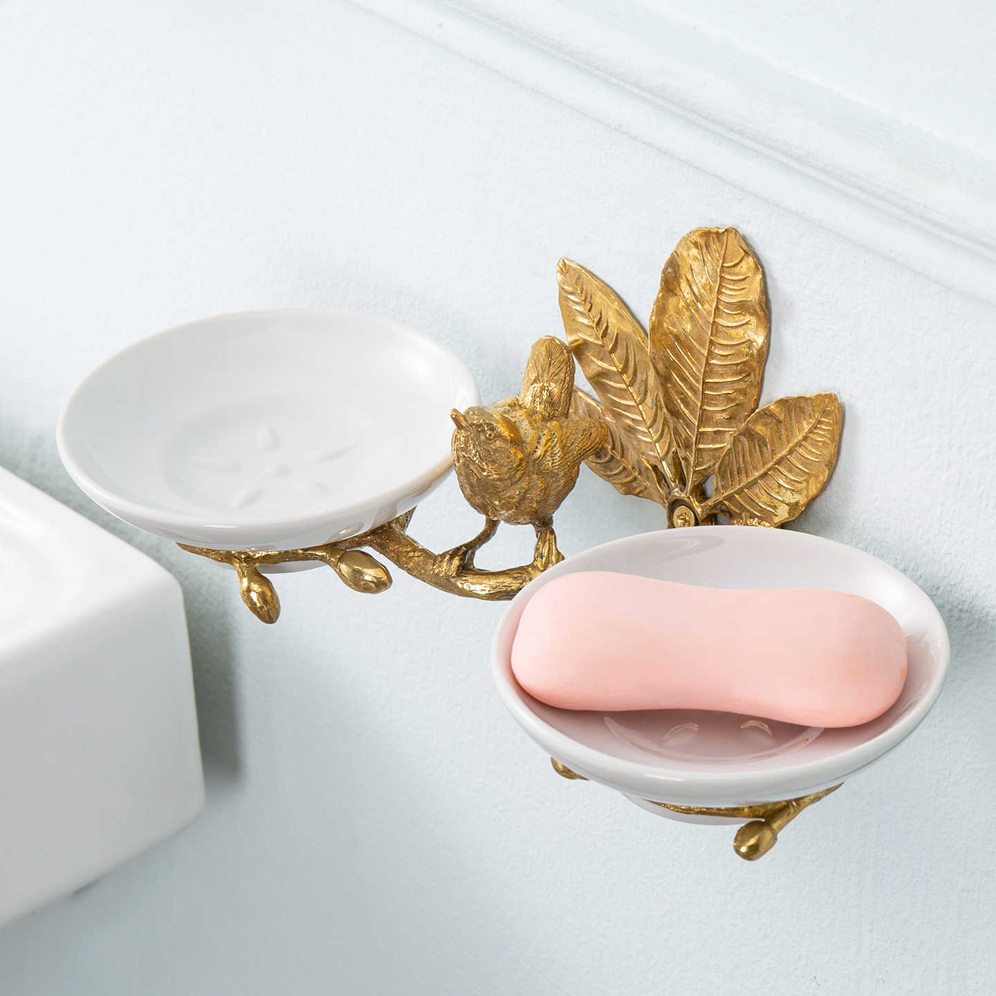 Butterfly Tao Vintage Brass Double Soap Dish, Bird Leaf Bathroom Organizer