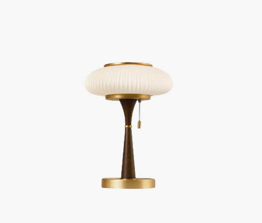 Vintage Walnut Table Lamp with White Glass Shade, Pull Chain Retro LED Accent Light for Bedroom, Living Room, Study