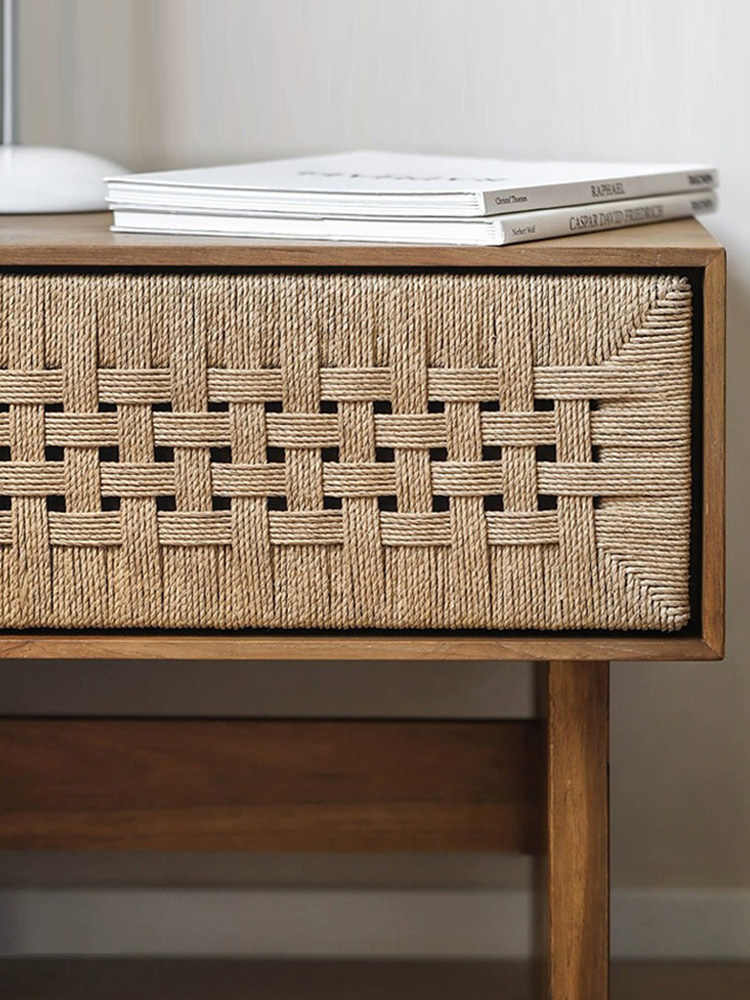 Solid Wood Rope-Woven Nightstand, Minimalist Living Room Bedside Table – Fully Assembled