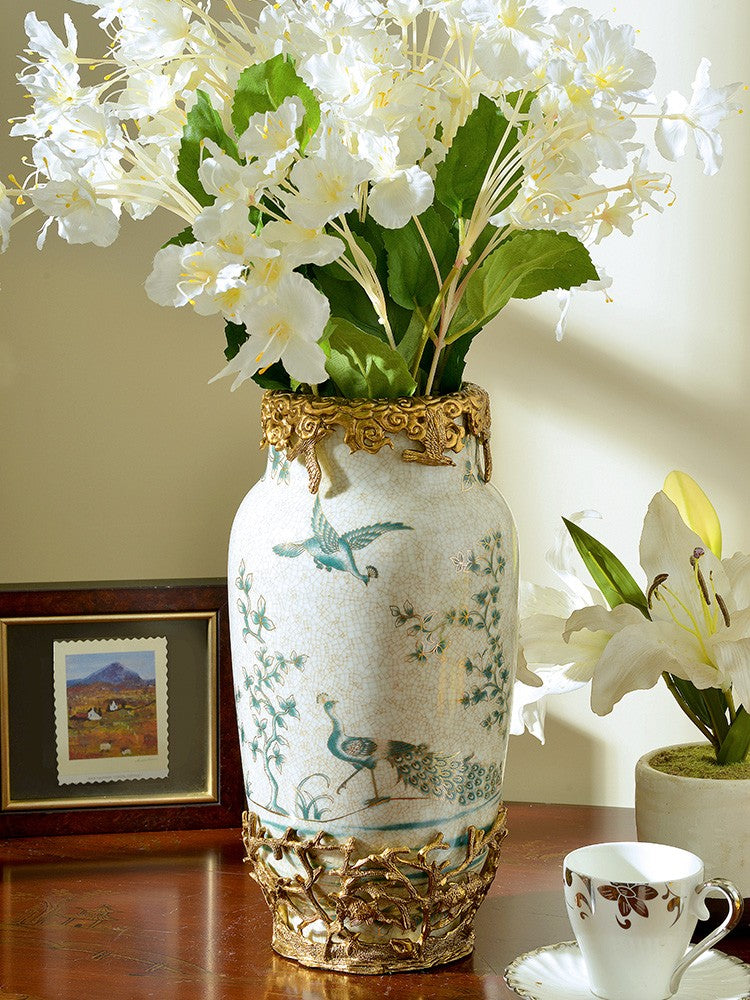 Peacock Decal Porcelain and Brass Vase, Creative Table Flower Vase with Gold Accents for Living Room, Entryway, and Model Home
