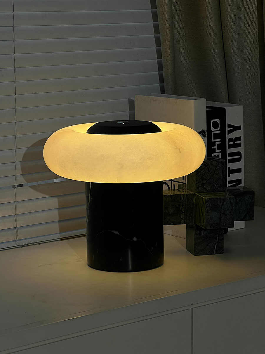 Designer Alabaster Touch Table Lamp, Portable Marble Nightstand Ambient Light, Cream-Style Luxury Minimalist Bedside Lighting