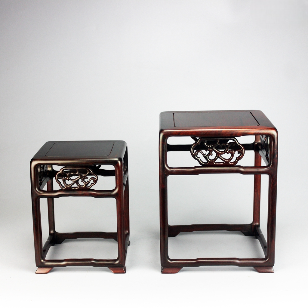 Set of 2 Rosewood Plant Stands, Small Square Pedestal Tables with Hand-Carved Motifs, Solid Wood Bonsai Display Rack