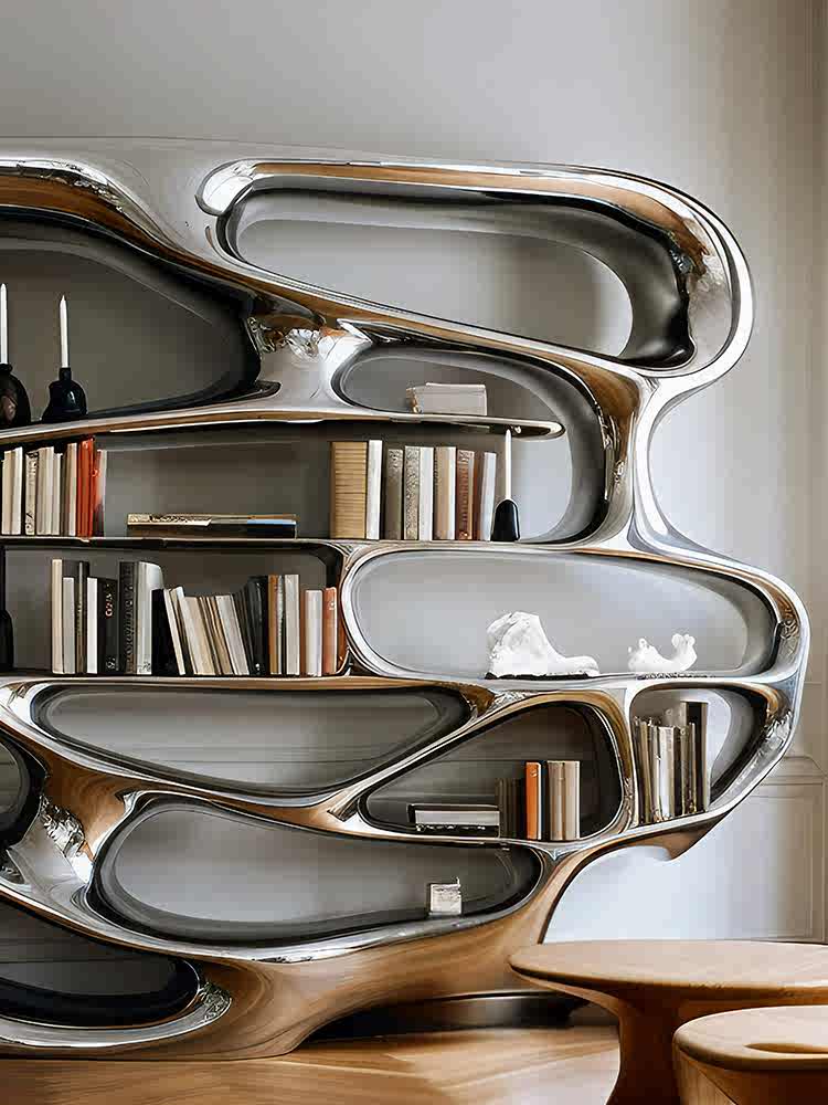 KASKOM Designer Flowing Chrome Steel Bookshelf with Organic Curves, Modern Art Sculptural Storage Unit for Study Room