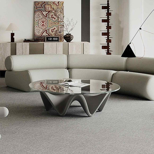 Modern Designer Hexagonal Glass Coffee Table, Artistic Irregular Centerpiece for Living Room, Hotel, or Trendy Spaces, Tempered Wave Grey Base