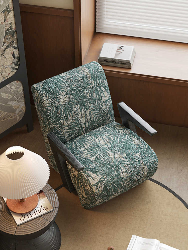 Modern Vintage Relaxed Armchair, Solid Wood Framed Creative Single Sofa with Botanical Shadow Pattern Fabric, Designer Reading and Lounge Chair for Living Room, Club, or Hotel Suite (Black Ash)