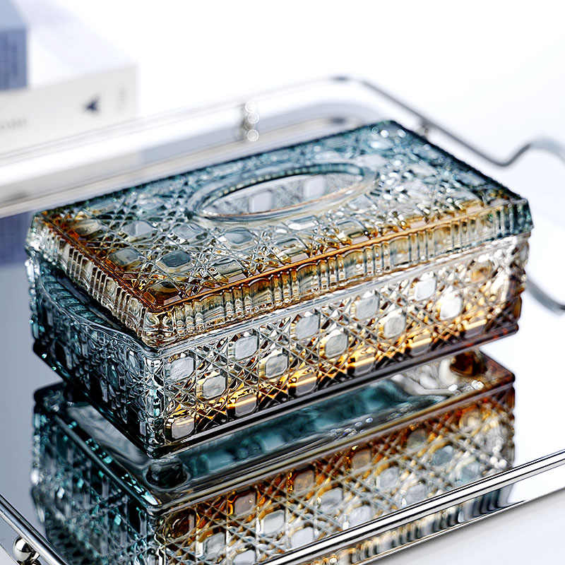 Luxury Emerald Gold Glass Tissue Box, Premium Gradient Crystal Napkin Dispenser with Ornate Pattern for Hotel Desktop, High-End Home Décor Storage
