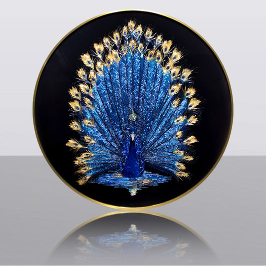 Luxury Hand-Painted Blue Peacock Cloisonné Enamel Round Wall Art – Gold-Framed Entryway, Dining Room, Living Room Hanging, 3D Artistic Statement Piece