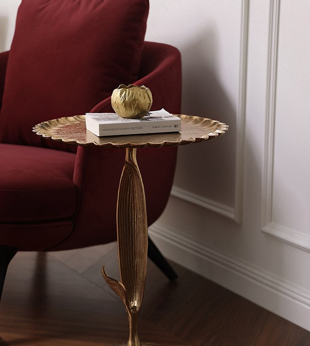 Aluminum Sunflower Side Table, Scalloped Edge Accent Table from India, Luxury Round Tea Table with Floral Design