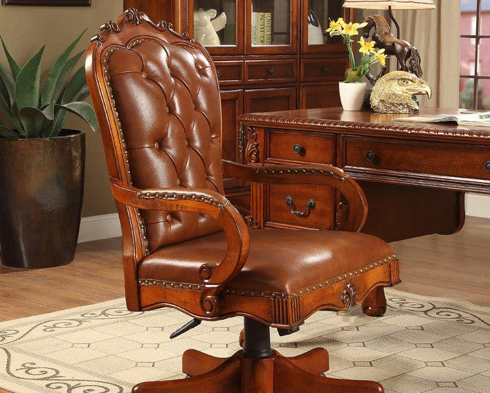 Classic Solid Wood Leather Office Chair, Executive Swivel Computer Desk Chair with Armrests