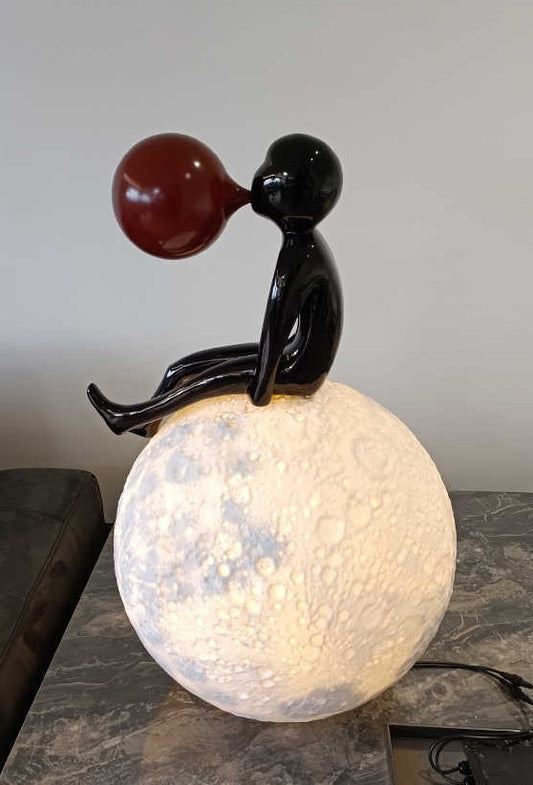 Modern Moon Sculpture with Bubble-Blowing Figurine, Large Standing Charging Art Statue for Living Room, Bar & Staircase Decor