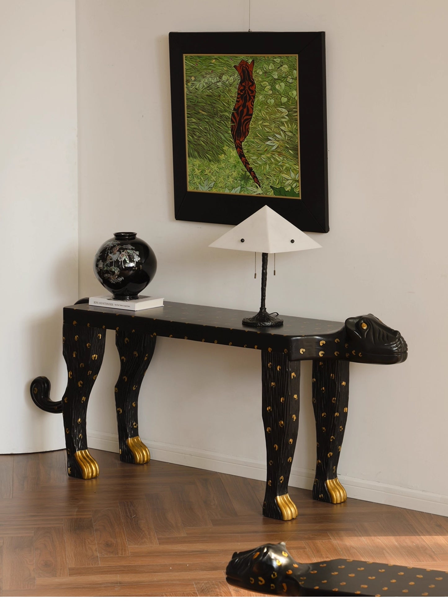 Luxe Mexican Jaguar Console Table – Black & Gold Sculptural Entryway Table with Jaguar Leg Design, Statement Art Furniture Piece