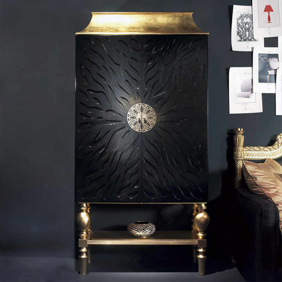 Luxury Art Deco Tall Storage Cabinet – Dark Solid Wood Two-Door Display Partition, Gold Accent High-End Sideboard