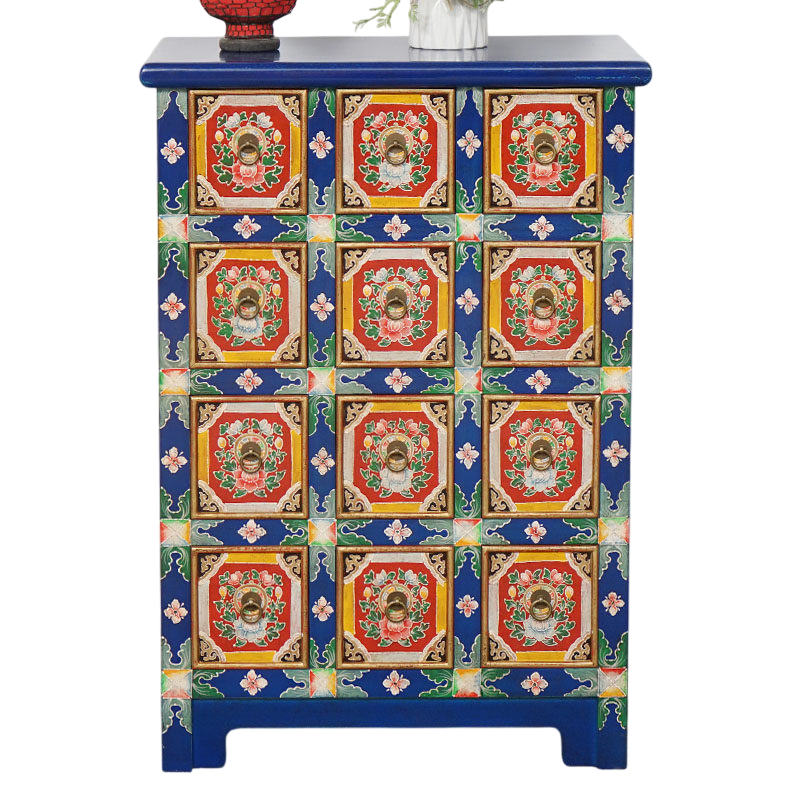 Blue Floral 12 Drawer Accent Cabinet, Rustic Farmhouse Apothecary Style Wood Storage Chest, Hand-Painted Look Organizer Cabinet for Bedroom, Entryway, Living Room, Hallway, and Office