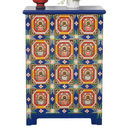 Blue Floral 12 Drawer Accent Cabinet, Rustic Farmhouse Apothecary Style Wood Storage Chest, Hand-Painted Look Organizer Cabinet for Bedroom, Entryway, Living Room, Hallway, and Office
