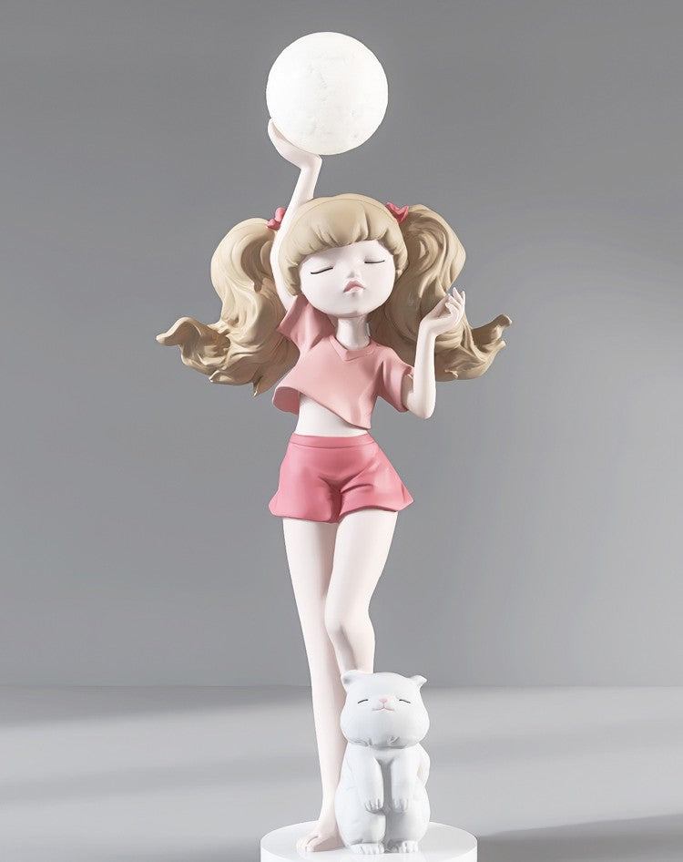 Modern Girl Figurine Table Lamp – Creative Home Decor Sculpture with Cat, Bedroom Living Room TV Cabinet Bedside Night Light