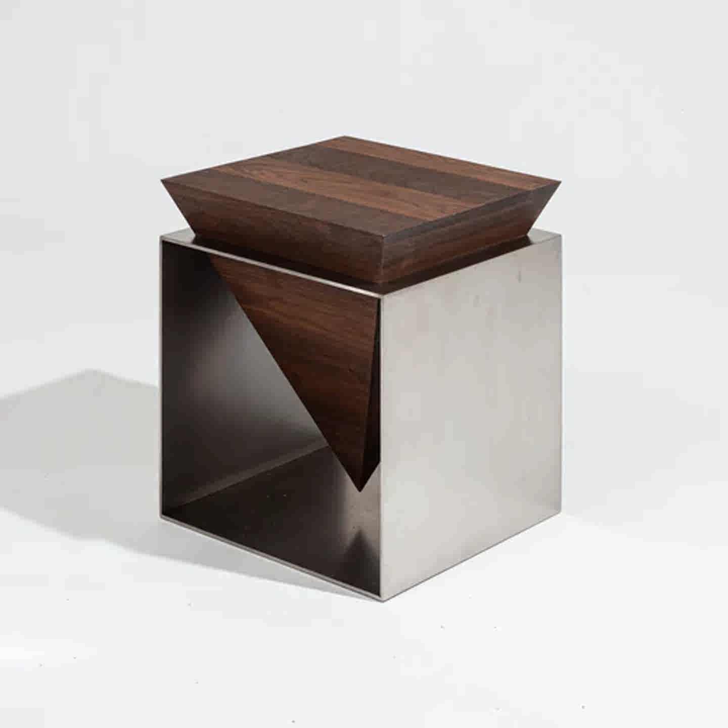 Ash Wood & Stainless Steel Side Table – Minimalist Luxury End Table for Small Living Spaces, Modern Art Furniture