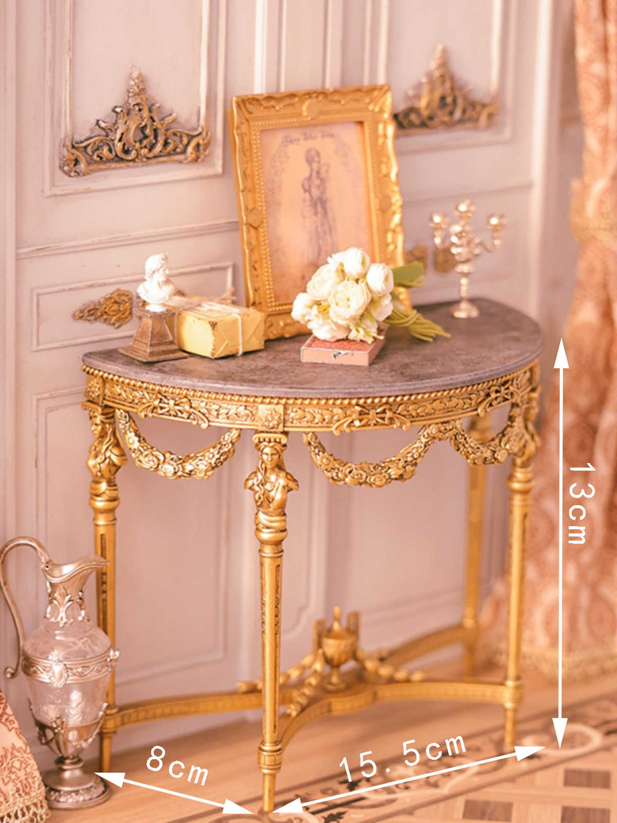 Miniature Baroque Console Table – Ornate Carved Table for Dollhouse Decor & Display