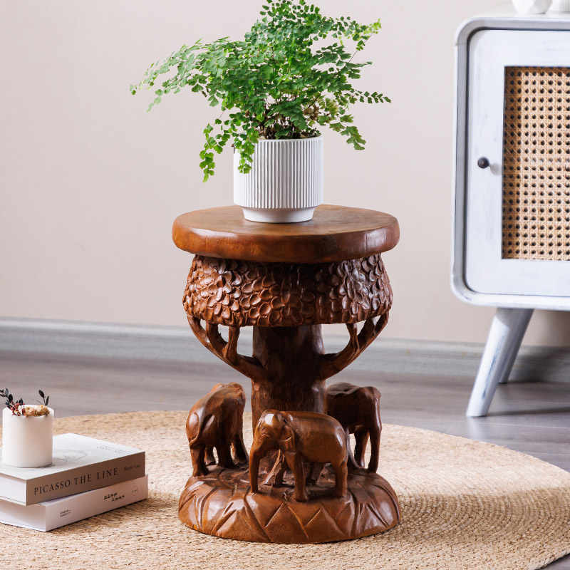 Hand-Carved Thai Solid Wood Elephant Stool, Creative Animal Accent Seat, Decorative Shoe Bench Plant Stand