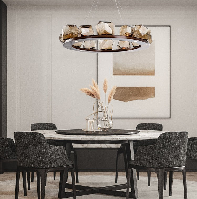 Modern Luxury Round Glass Chandelier, 10-Light Designer Pendant Lamp, Large Adjustable Dining Room or Living Room Ceiling Light