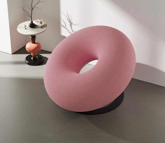 Craftsmanship Designer Donut Chair with Textured Pink Fabric, Modern Minimalist Swivel Accent Chair for Living Room & Bedroom