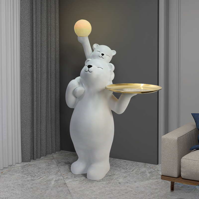 Polar Bear Sculpture Side Table with Tray and LED Light, Mother and Baby Animal Decor Accent for Living Room, Entryway, Bedroom
