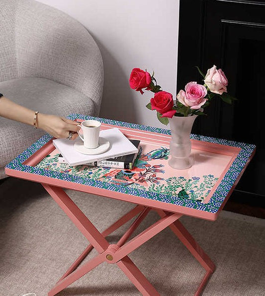 Birch Wood Folding Tea Table, Hand-Painted Floral Garden Bunny Design Side Table, Portable TV Tray with Pink Frame