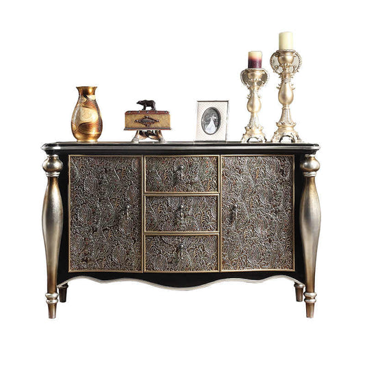 European Luxury Embossed Metal Console Cabinet with Ornate Relief Panels, Solid Wood Entryway Storage Sideboard with Curved Legs, Villa-Style Dining Room Bar Cabinet