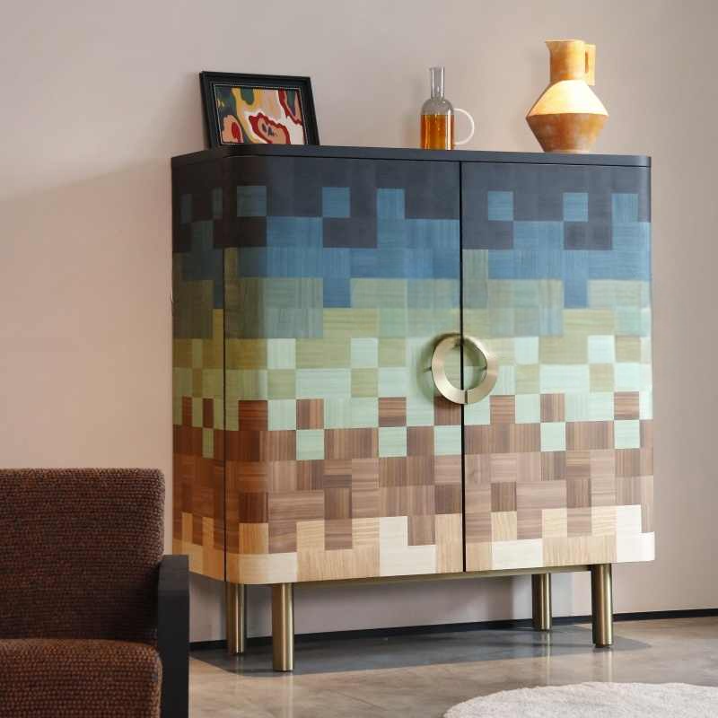 Vintage Mosaic Designer Cabinet – Retro Painted Entryway Buffet, Artistic Storage Sideboard for Modern & High-End Homes