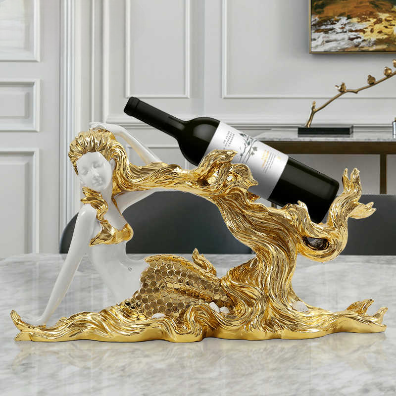 Luxury Gold Mermaid Wine Rack – Artistic Resin Decorative Holder for Living Room, TV Cabinet, or Bar Decor