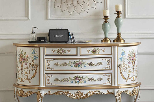 Vintage Sideboard Buffet Cabinet, Hand-Painted Entryway Console, Elegant Floral Decor for Living Room & Hallway