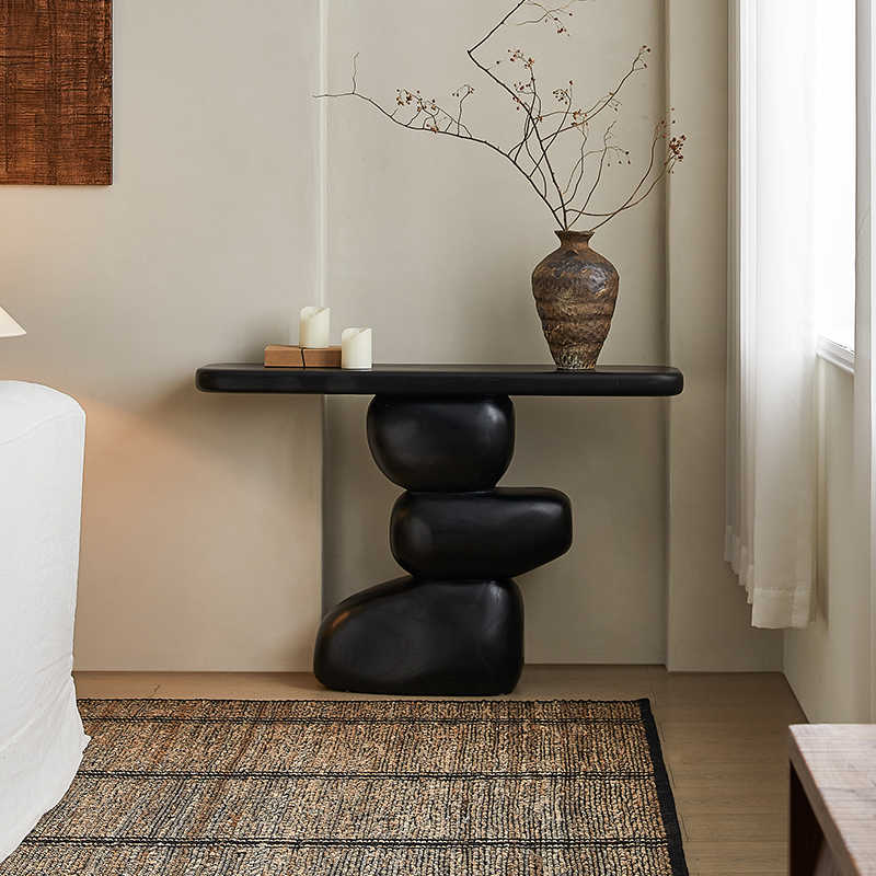 Wabi-Sabi Carbonized Black Solid Wood Entryway Console Table, Artistic Stacked Stone Sculptural Accent Table for Hallway, Foyer, Modern Boutique Hotel