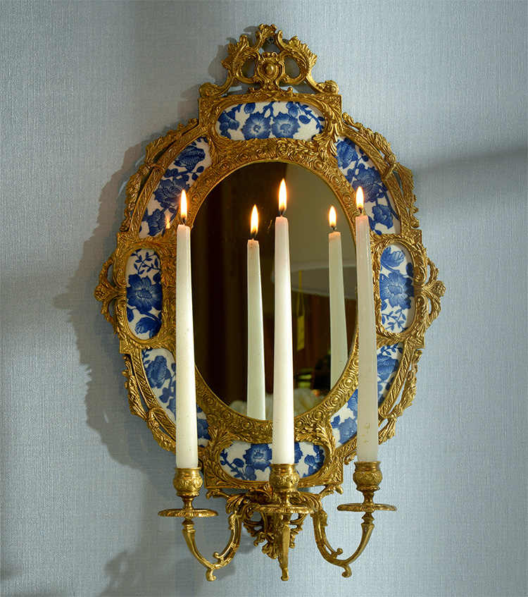Blue and White Porcelain Brass Wall Mirror Candle Sconce – Oval Entryway Mirror with Candle Holder for Villa and Hall Décor