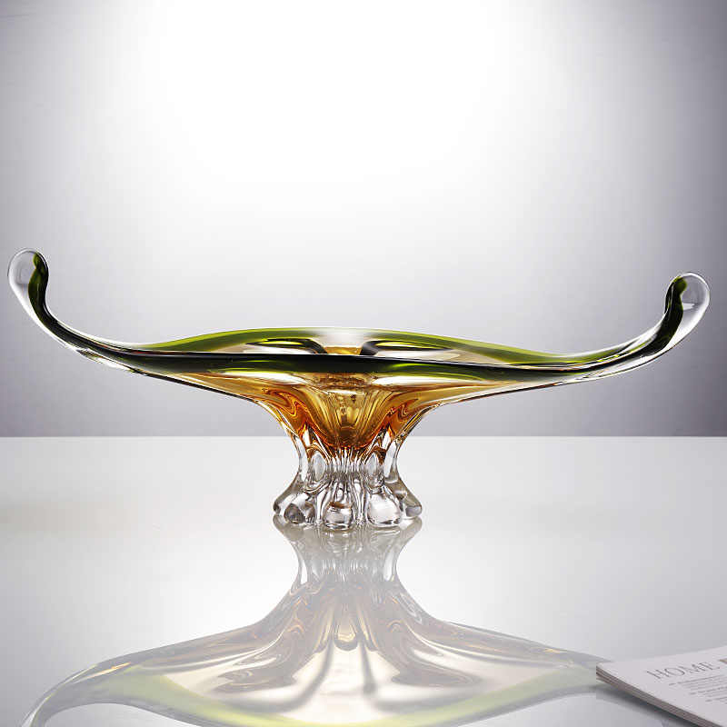 Luxury Modern Glass Fruit Bowl with Crystal Pedestal, Elegant Amber Green Gradient Serving Dish for Living Room Décor, Contemporary Art Glass Centerpiece