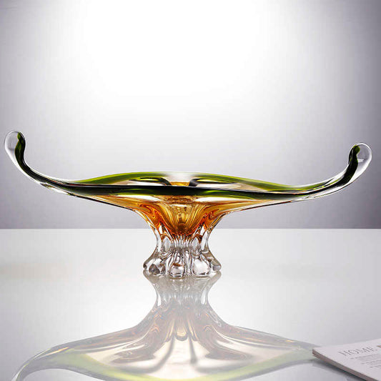 Luxury Modern Glass Fruit Bowl with Crystal Pedestal, Elegant Amber Green Gradient Serving Dish for Living Room Décor, Contemporary Art Glass Centerpiece