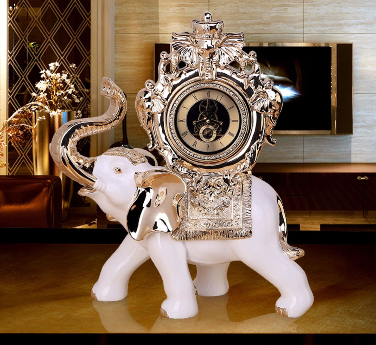 Luxury Rose Gold Elephant Clock Sculpture – Large Resin Table Clock Figurine for Living Room, Bedroom, or Gift