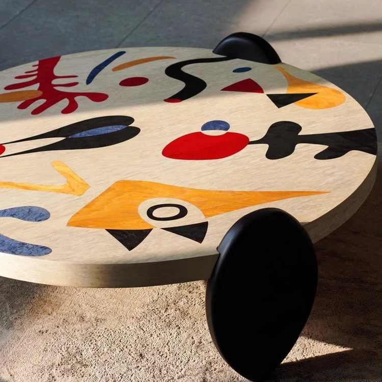 Hand-Painted Dutch Art Coffee Table, French Designer Round Pine Wood Table with Abstract Colorful Artwork, Graffiti Style Living Room Furniture