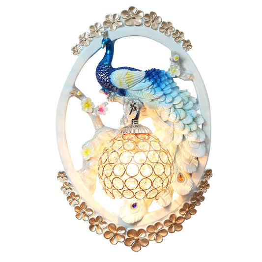 Luxury Peacock Wall Sconce Light – Blue Resin Decorative Wall Lamp for Living Room, Bedroom, Corridor, Staircase, or Foyer – Crystal Shade, Left & Right Set