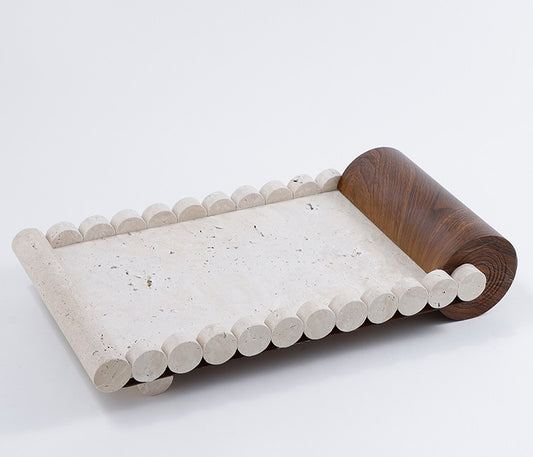 Modern Travertine Marble & Wood Decorative Tray, Luxury Vintage Organizer for Living Room, Tabletop, Home, Hotel, or Sample Apartment