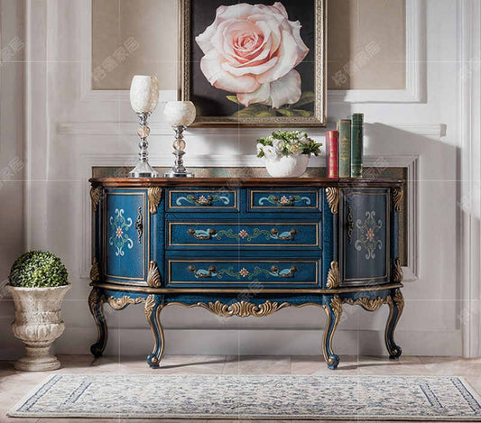 American European Style Sideboard Cabinet, Royal Blue Hand-Painted Floral Storage Console with Cabriole Legs