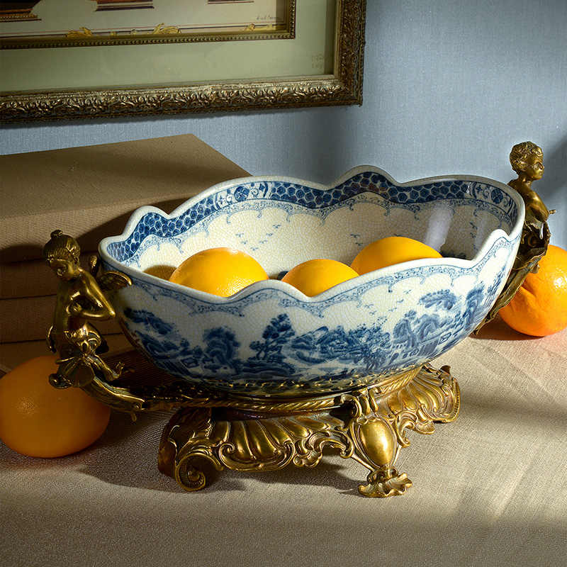 Blue and White Porcelain Brass Cherub Fruit Bowl, Luxury Scalloped Centerpiece for Living Room, Coffee Table, and Home Decor