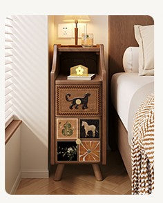 Ultra-Narrow Solid Wood Nightstand, Walnut Color Space-Saving Bedside Cabinet with Animal Print Drawers, Vintage Style Gap-Filling Side Table