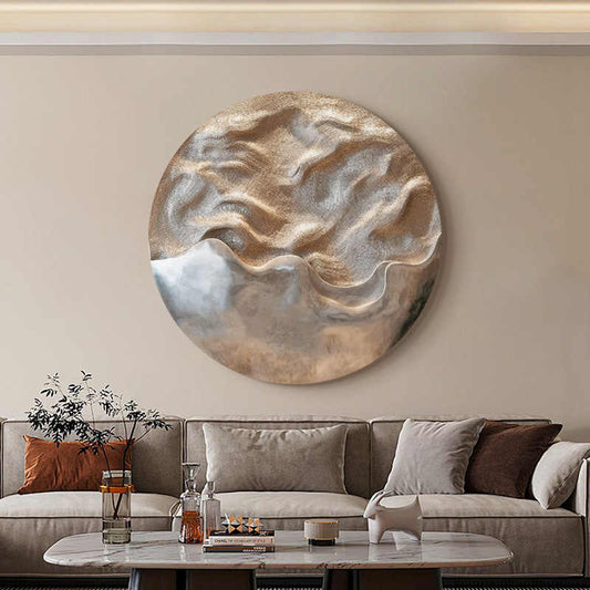 Luxury Round 3D Sandstone Relief Wall Art, Hand-Painted Frameless Decorative Sculpture, Large Modern Circle Hanging Artwork for Living Room, Hotel, Hallway