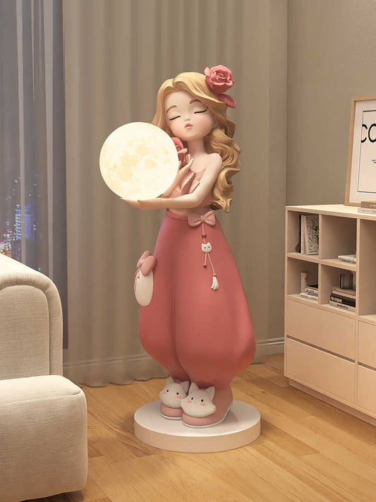 Rose Girl Tray Floor Sculpture – Pink Resin Romantic Standing Figurine Lamp for Living Room, Sofa Side, or Birthday Gift