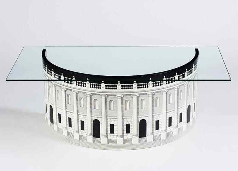 Italian Luxury Architectural Glass Coffee Table – Hand-Painted Neoclassical Palace Base with Tempered Glass Top, Designer Statement Furniture