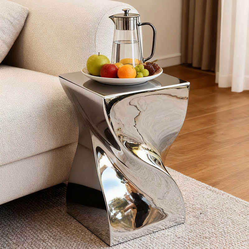Silver Chrome Twist Side Table, Sculptural Fiberglass Accent Table, Modern Hourglass Bedside Drink Table for Bedroom, Living Room, Hotel, Lobby