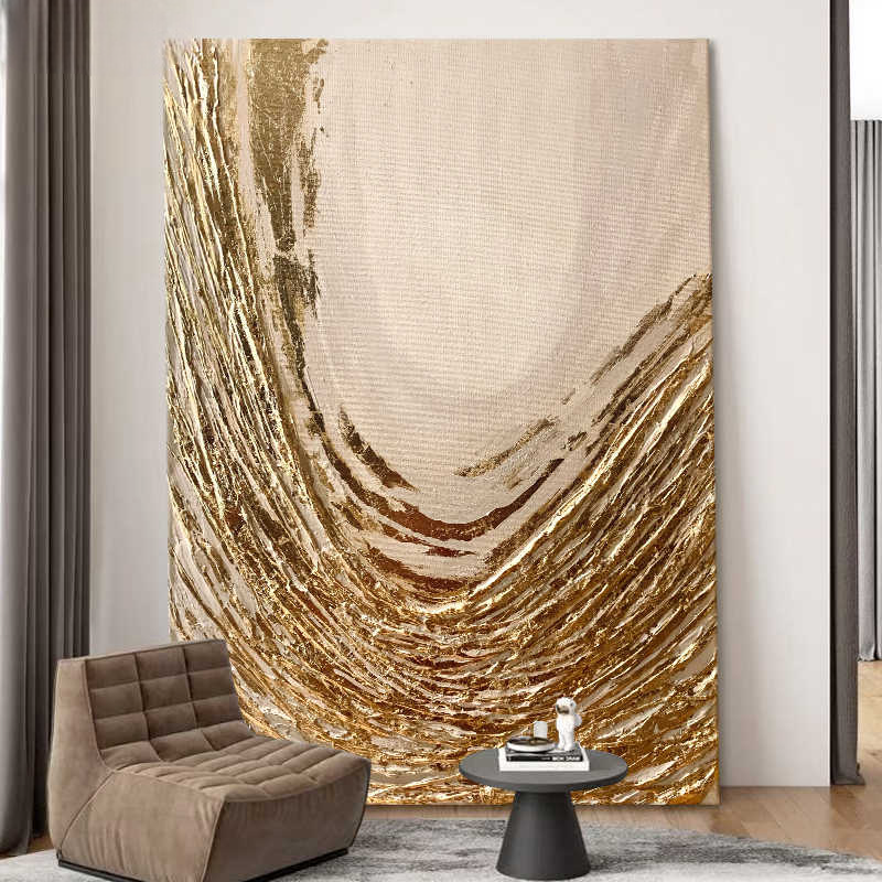 Large Luxury Gold Foil Textured Oil Painting – Original Hand-Painted Abstract Art for Living Room, Foyer & Sofa, Minimalist Italian Style